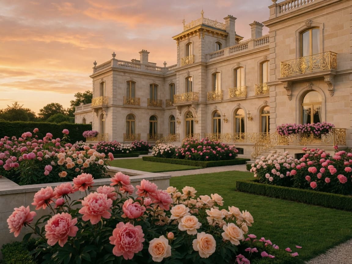 Gatsby-era cream-and-gold estate buildings connected by peony gardens under a champagne sky: the full workspace