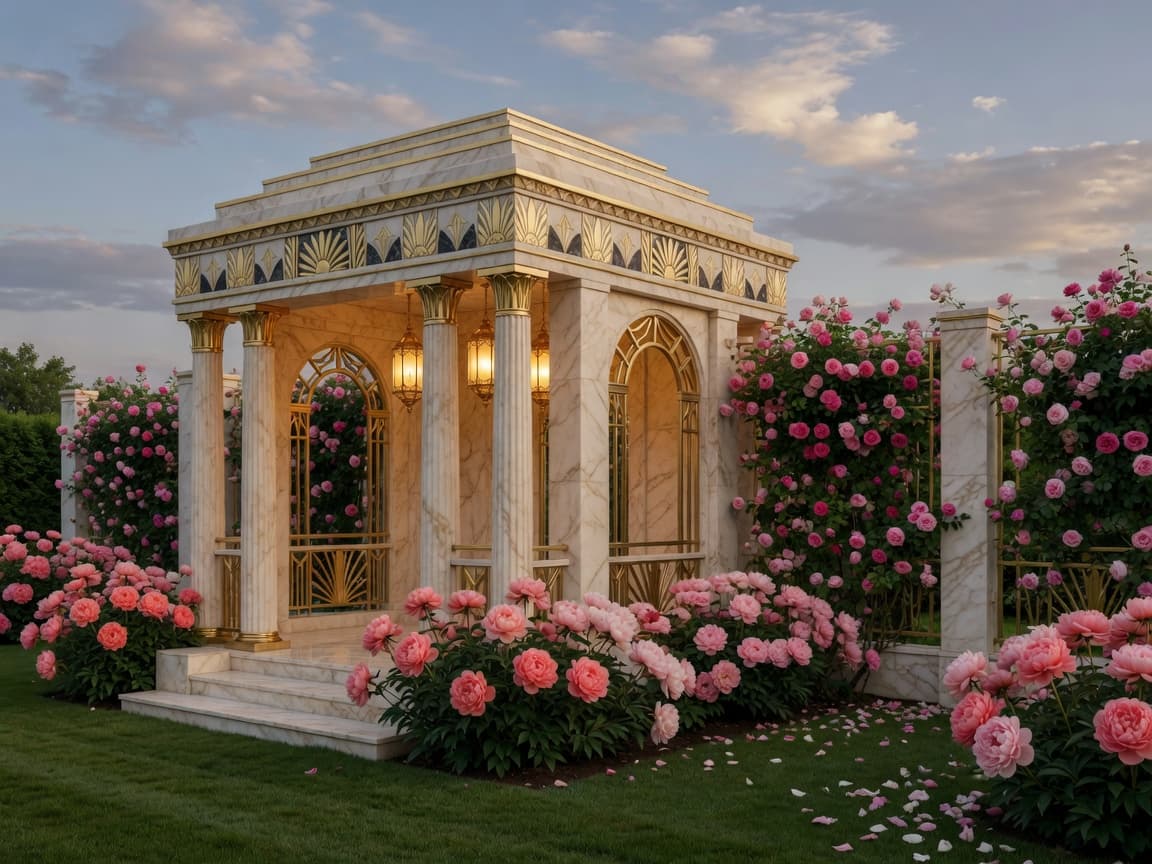 Art Deco gold garden pavilion with lanterns and peonies: the resident agent that answers
