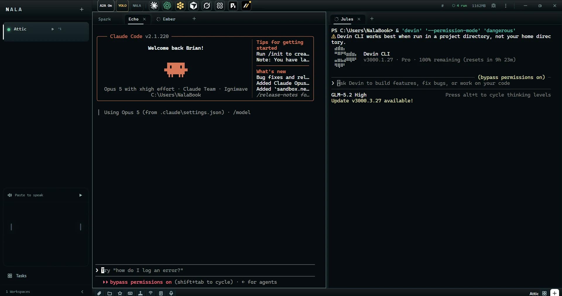 The nala workspace mid-session: two coding agents running side by side, each in its own pane