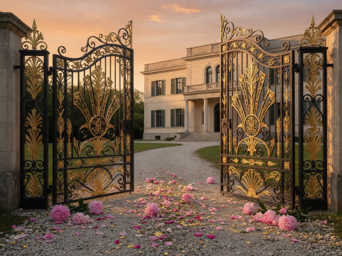 Open gilded Art Deco gates and peonies leading into the estate: one-line entry into the fleet