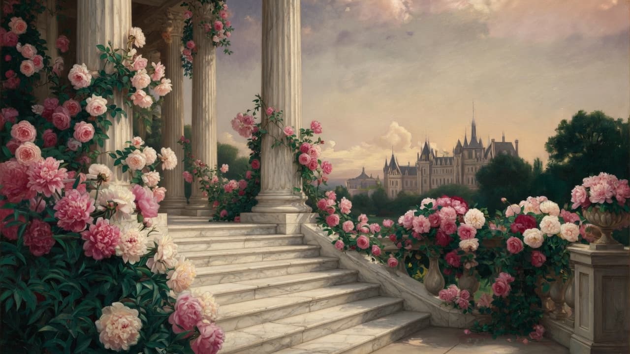 Marble staircase wreathed in roses: permanence and recovery