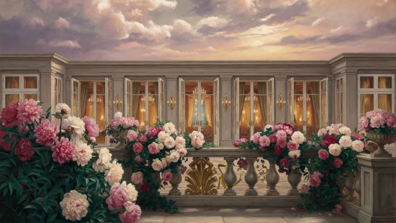 Gatsby ballroom terrace with many open doors and peonies: one fleet of rooms