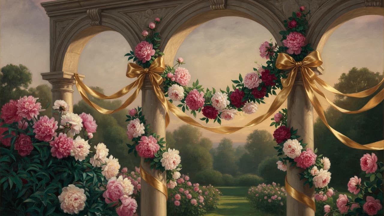 Gold ribbons and peony garlands linking garden arches: the harness