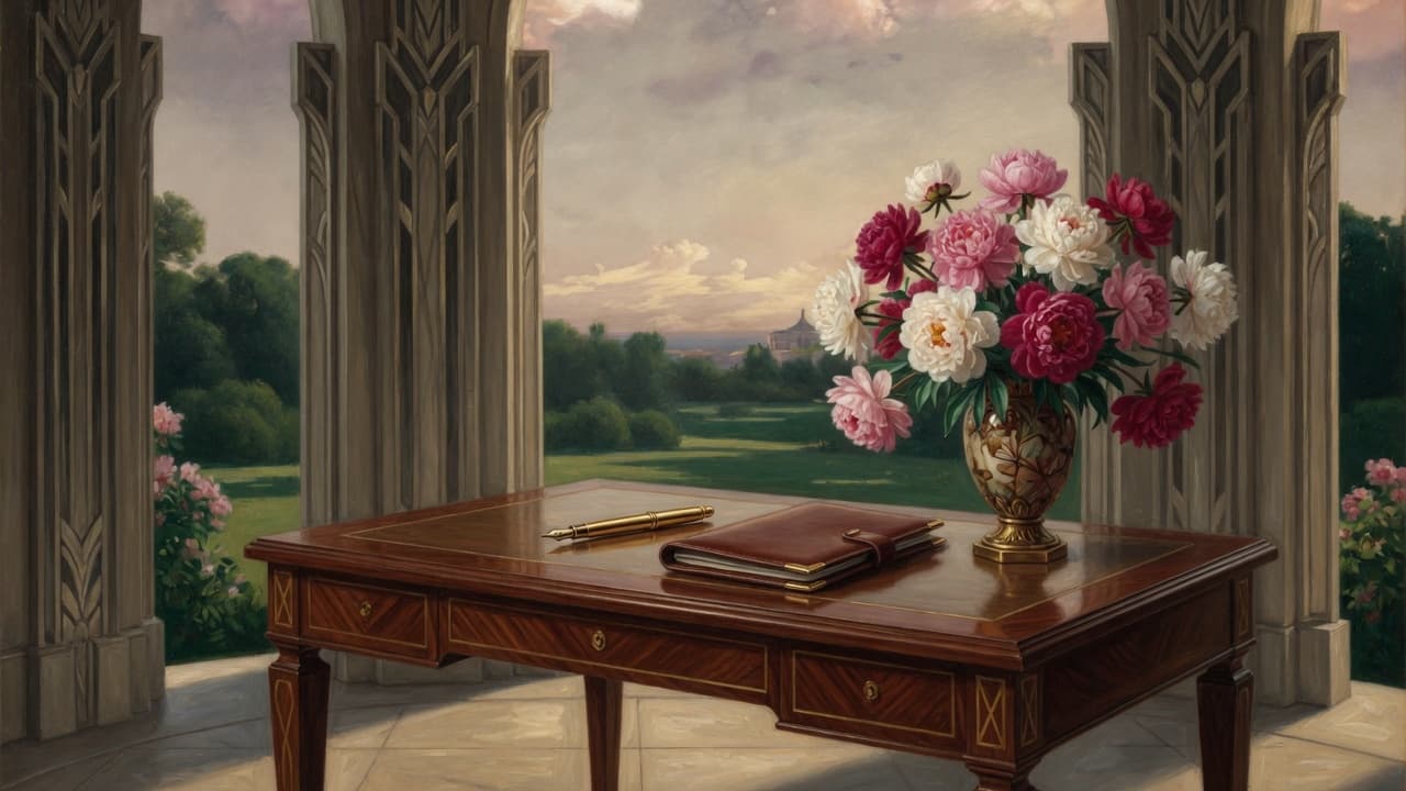 1920s writing desk with peonies and gold pen: craft and skills